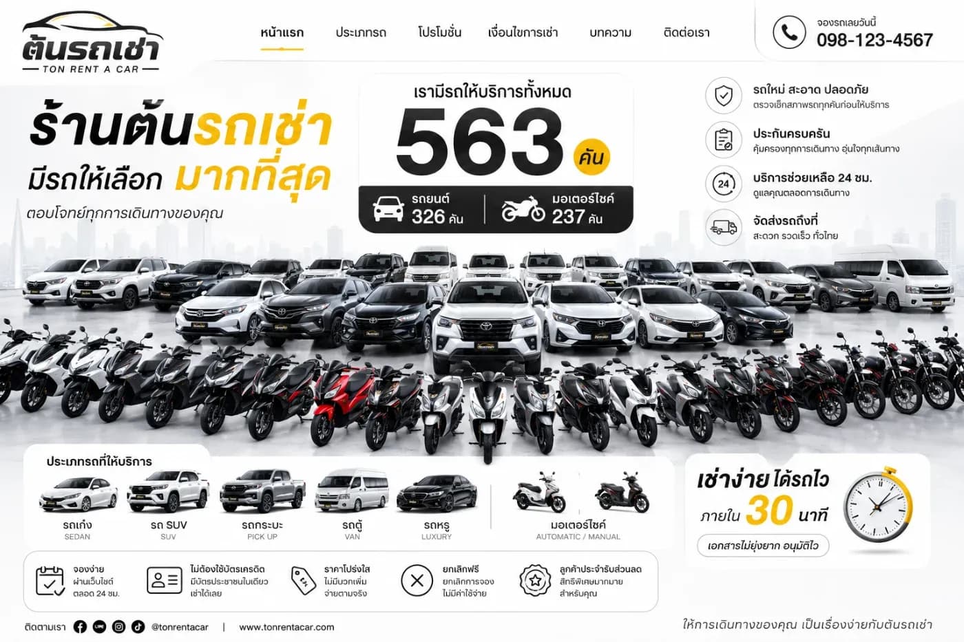 ร้านต้นรถเช่ามีรถทั้งหมดกี่คัน? รวมรถยนต์ มอเตอร์ไซค์ และรถไฟฟ้า ครบทุกความต้องการ