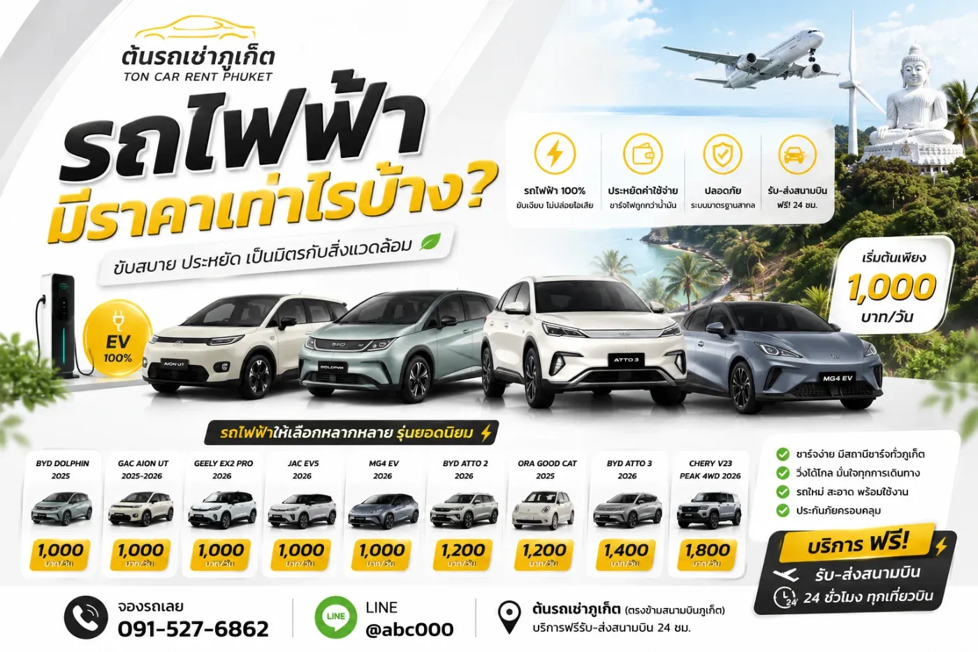 รถไฟฟ้าให้เช่าภูเก็ต มีราคาเท่าไรบ้าง? อัปเดตราคารถ EV ที่ต้นรถเช่า