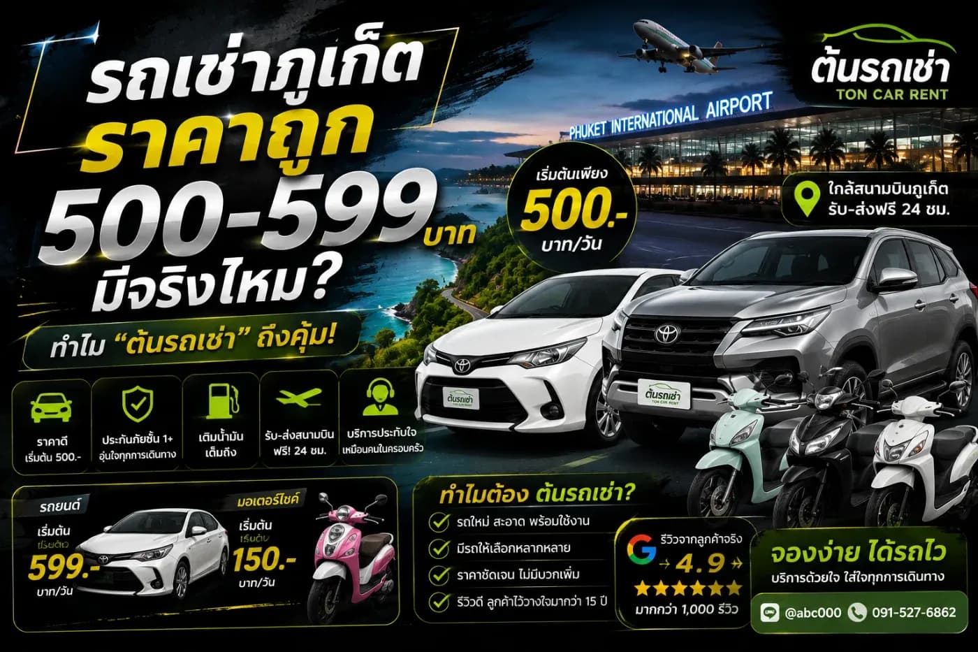 เวลาเห็นโฆษณา “รถเช่าภูเก็ต 500 บาท/วัน” หรือ “รถเช่าภูเก็ต 599 บาท/วัน” หลายคนอาจสงสัยทันทีว่า ราคานี้มีจริงไหม?