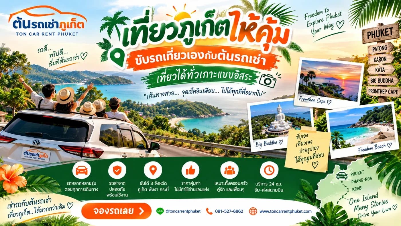 ภูเก็ตเป็นเกาะขนาดใหญ่ มีพื้นที่ประมาณ 543 ตารางกิโลเมตร และมีแหล่งท่องเที่ยวกระจายอยู่หลายโซน ตั้งแต่ไม้ขาวและในยางทางตอนเหนือ ไปจนถึงป่าตอง กะรน กะตะ ราไวย์ และแหลมพรหมเทพทางตอนใต้ รวมถึงย่านเมืองเก่าภูเก็ตที่อยู่ฝั่งตัวเมือง