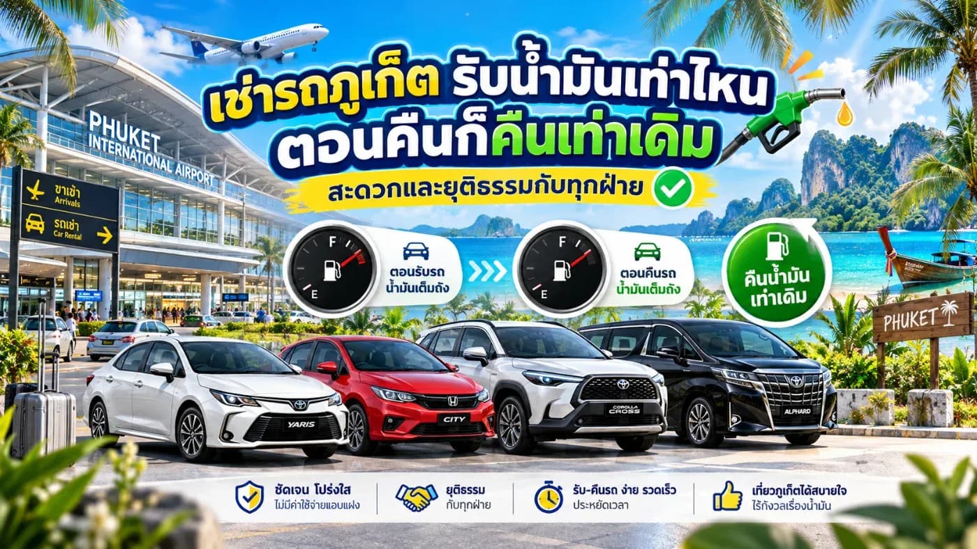 ที่ ต้นรถเช่าภูเก็ต ใช้หลักการที่เข้าใจง่าย คือ “รับรถตอนน้ำมันอยู่ระดับไหน ตอนคืนรถก็เติมกลับมาให้อยู่ระดับใกล้เคียงเดิม”