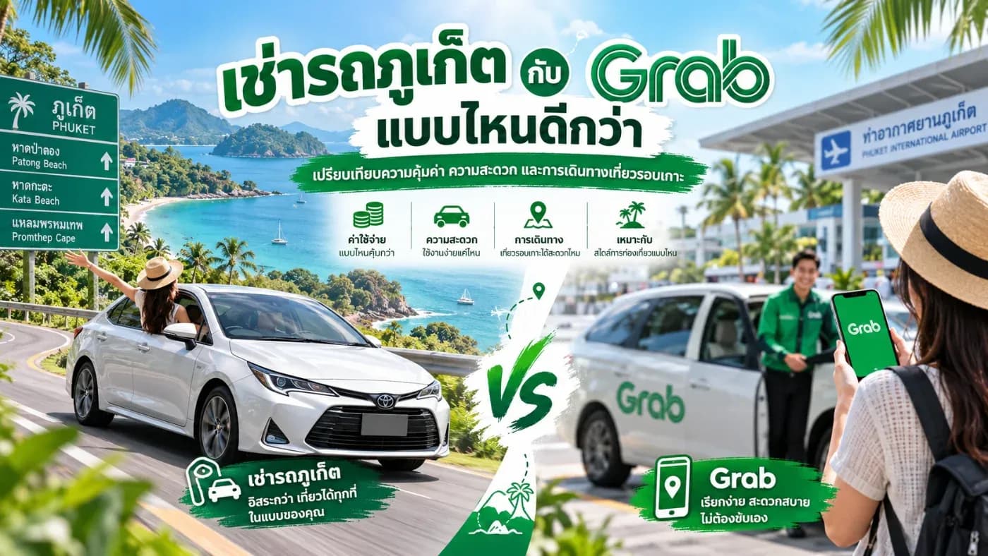 เช่ารถภูเก็ต VS Grab แบบไหนดีกว่า? เปรียบเทียบค่าใช้จ่ายและความคุ้มค่าก่อนเที่ยวภูเก็ต